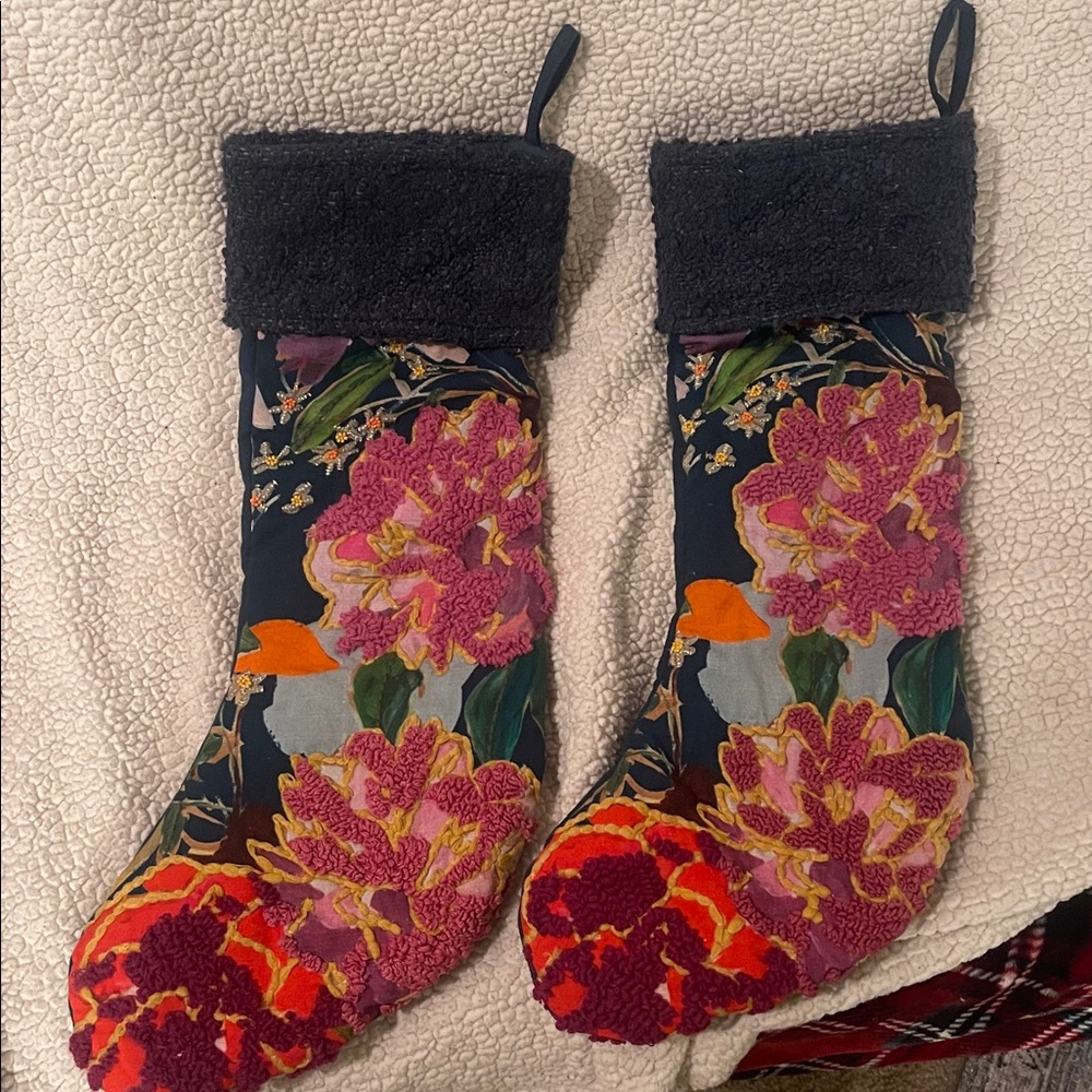Anthropologie x Nori Floral Embroidered Navy Christmas Stocking - Picture 5 of 8